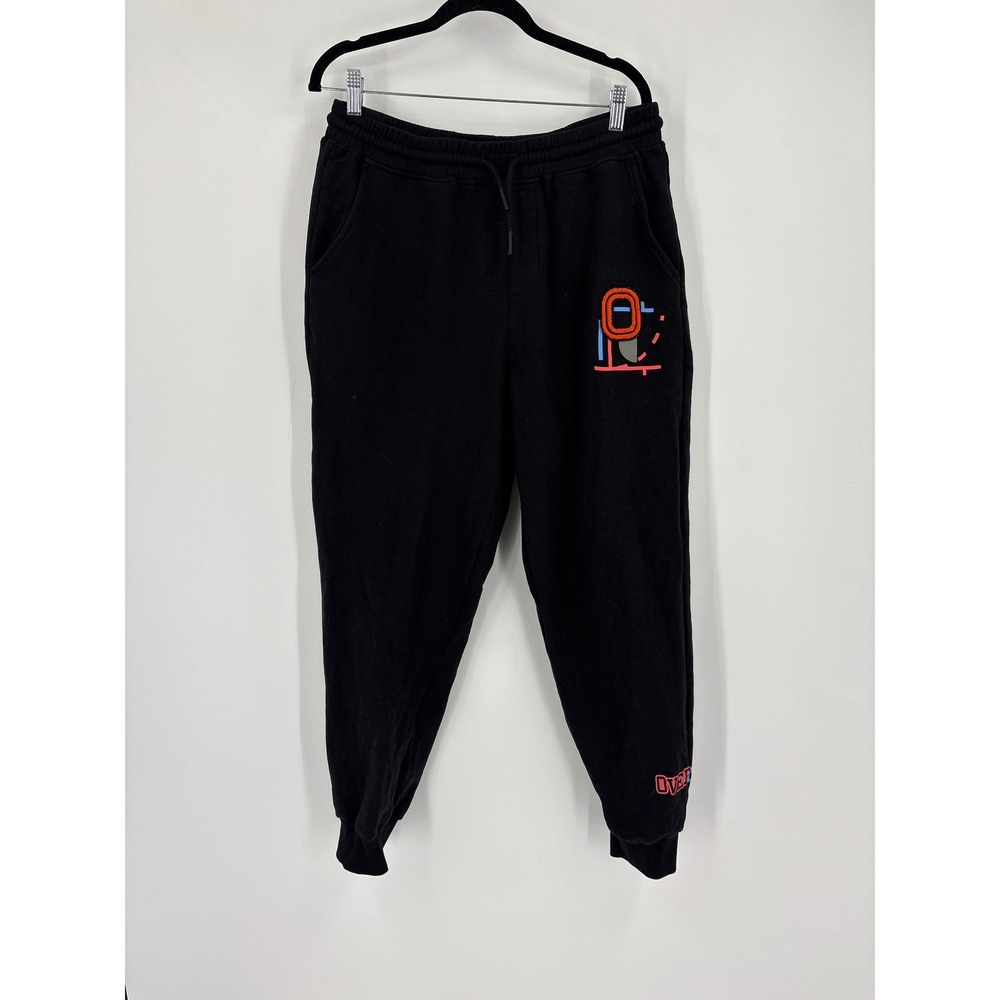 Overtime Mens Black Fleece Joggers Sweatpants Graphic Chenille Patch Size Large